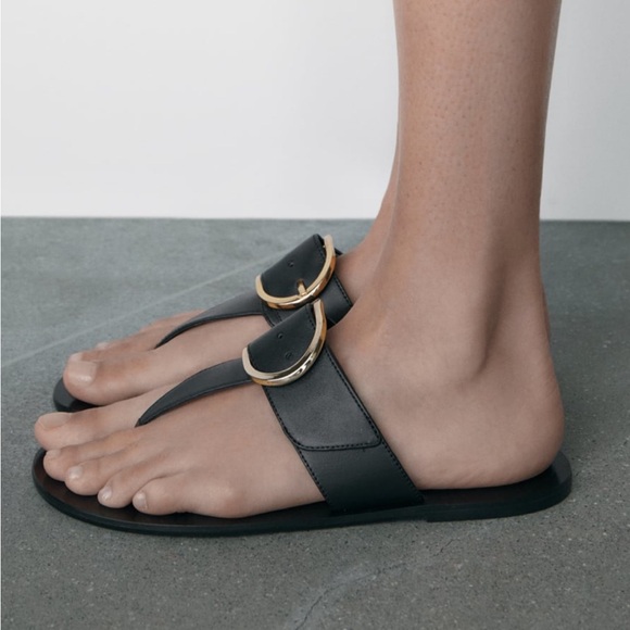 ZARA FLAT LEATHER SANDALS WITH BUCKLE NWT - Picture 2 of 6